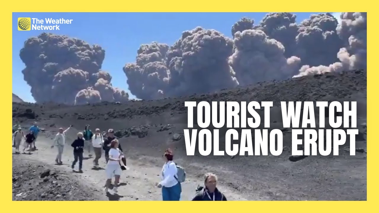 Hikers Run As Large Ash Plumes Rise From Mount Etna Eruption