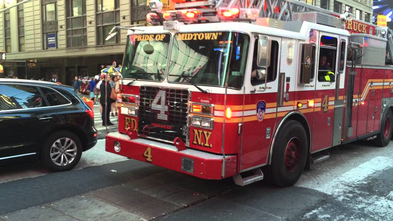 FDNY LADDER 4 RESPONDING, WITH AIR HORN, SIMULTANEOUSLY & SEPARATELY FROM A MOUNT SINAI AMBULANCE.