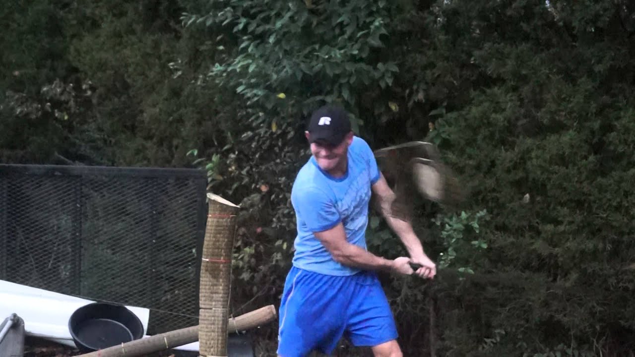 Ronin Katana   New Euro two handed sword cutting test on a rolled mat