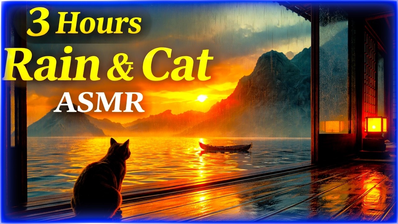 3 Hours Rain & Cat ASMR | Peaceful Mountain Lake at Sunset for Sleep
