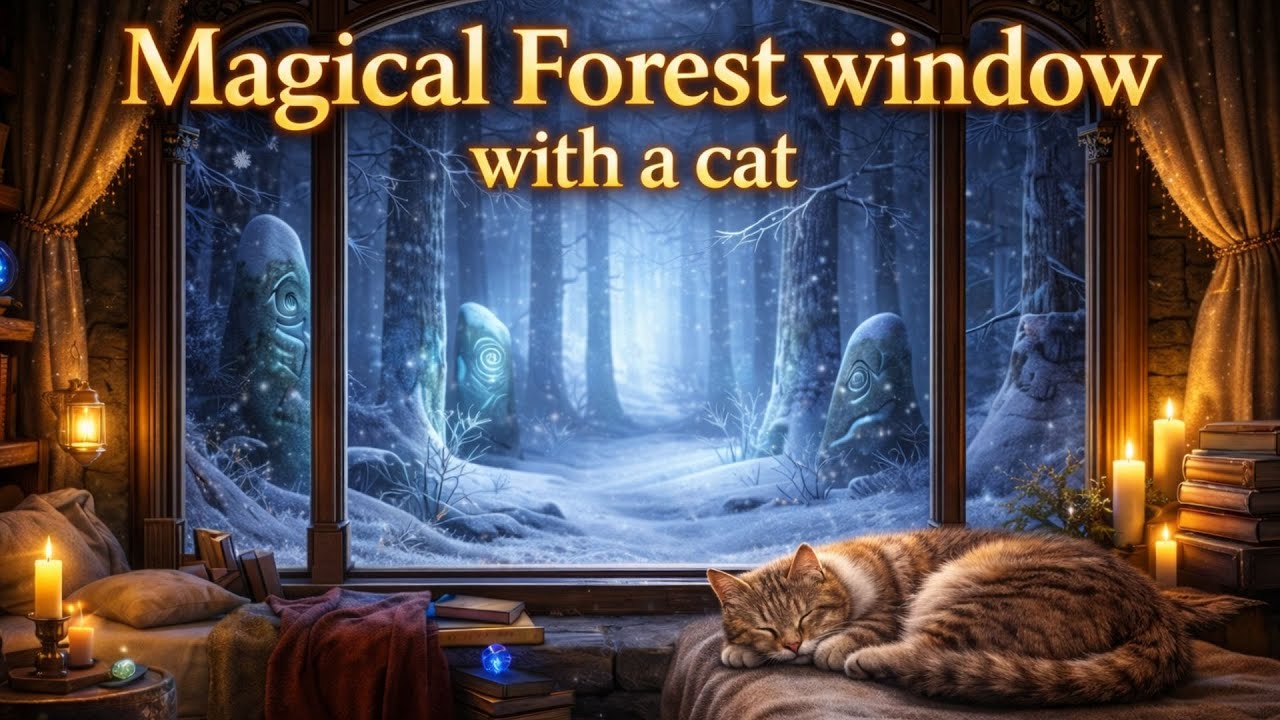 Magical Forest Window with a Cat – Cozy Fantasy Ambience for Relaxation & Sleep | 4K | No Ads