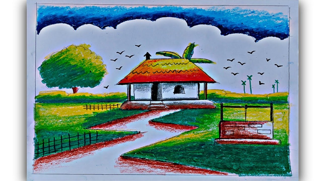 Easy house drawing with colour/Simple scenery drawing for beginners/Step by step