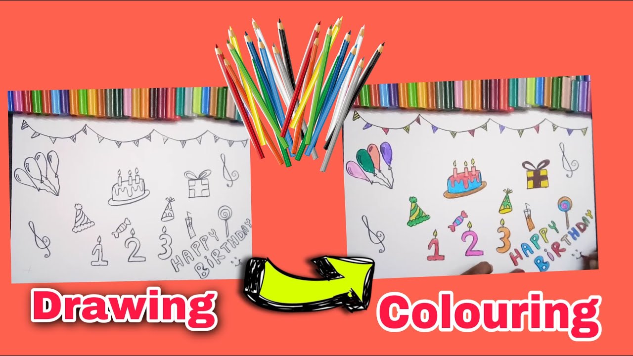 7 How to draw birthday items and colour it... let's celebrate the birthday party