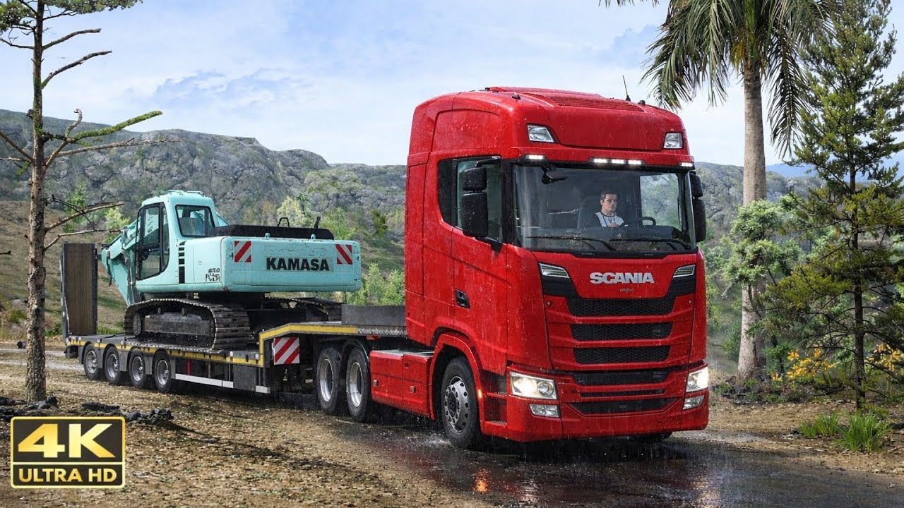 Scania Truck Mountain Road Drive off-road 🚛 | Realistic 4K GameplayHeavy Excavator Transport #toe3 