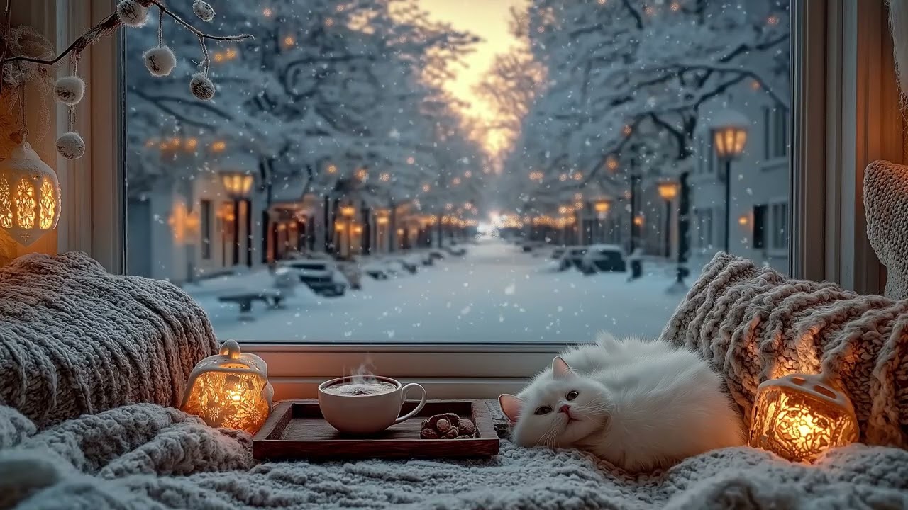 ❄️Quiet Piano by the Window | 3 Hours Soft Piano Snowfall & White Cat | Relax Sleep Focus Meditation