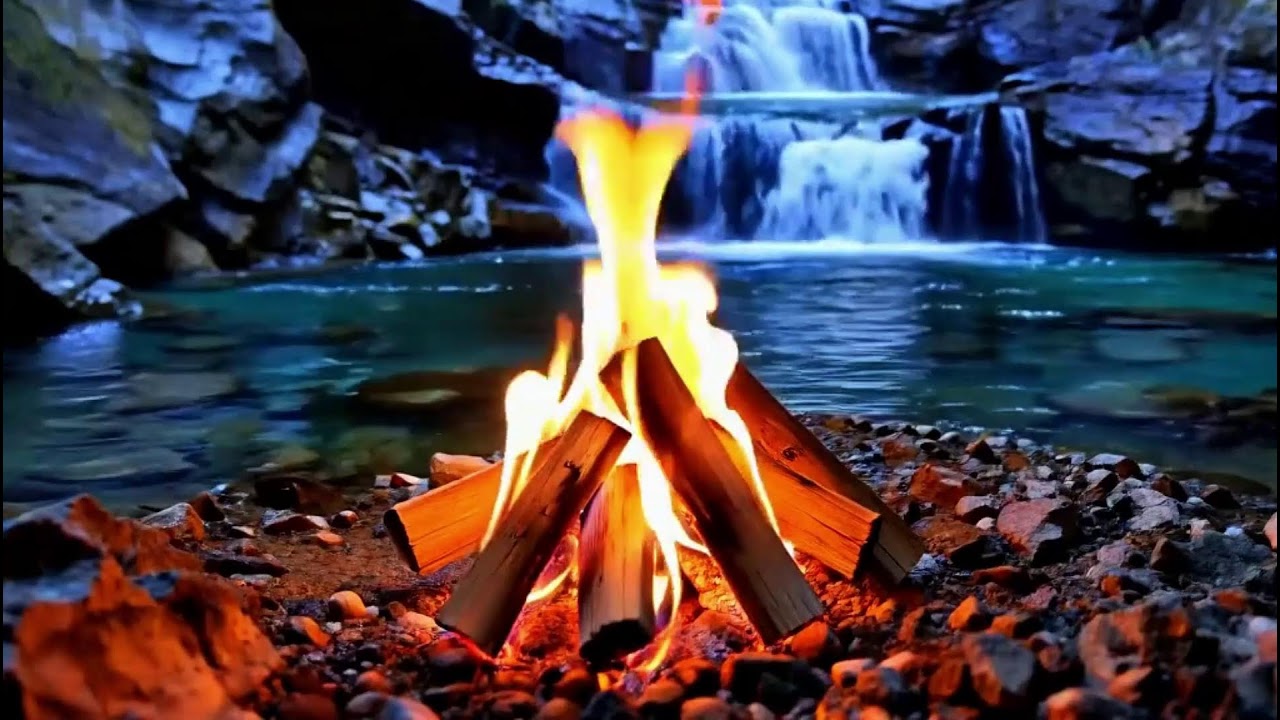 Calming Warm Fire &  Cascading Water  Atmosphere with  Soft Birds  | Cozy Hearth ASMR |  Calm Focus