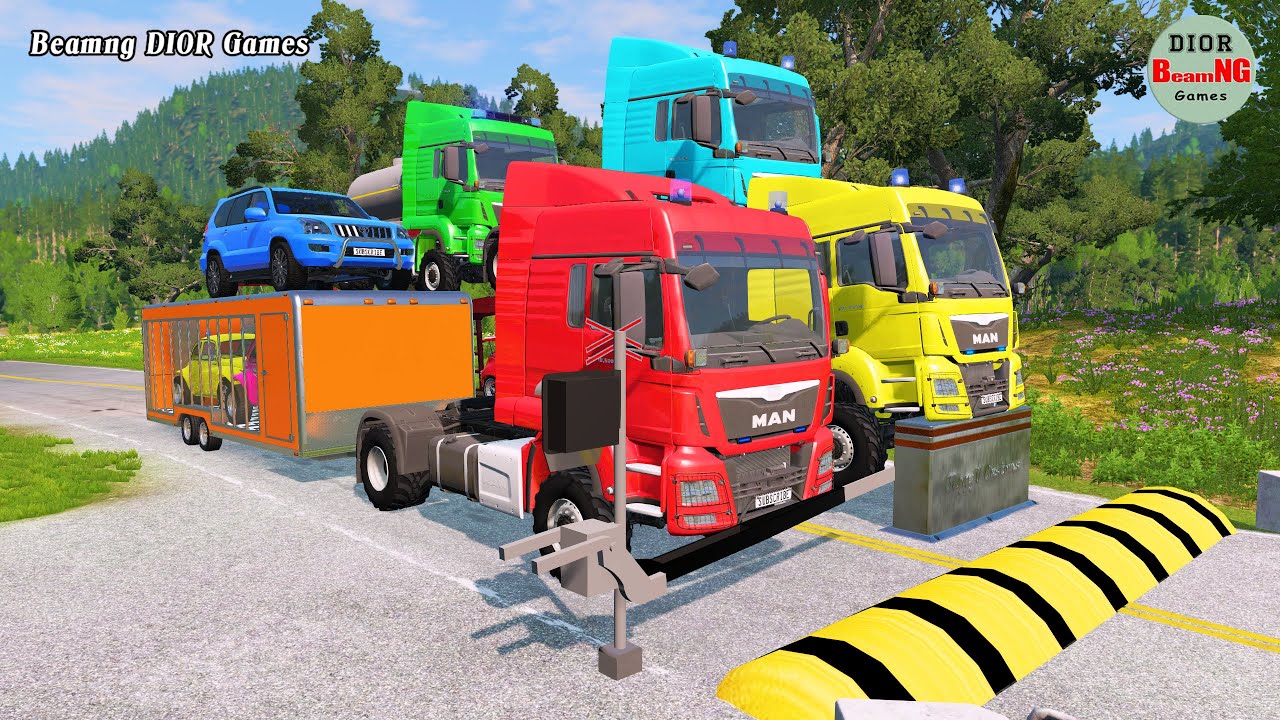 Double Flatbed Trailer Truck vs speed bumps|Busses vs speed bumps|Beamng Drive|1297