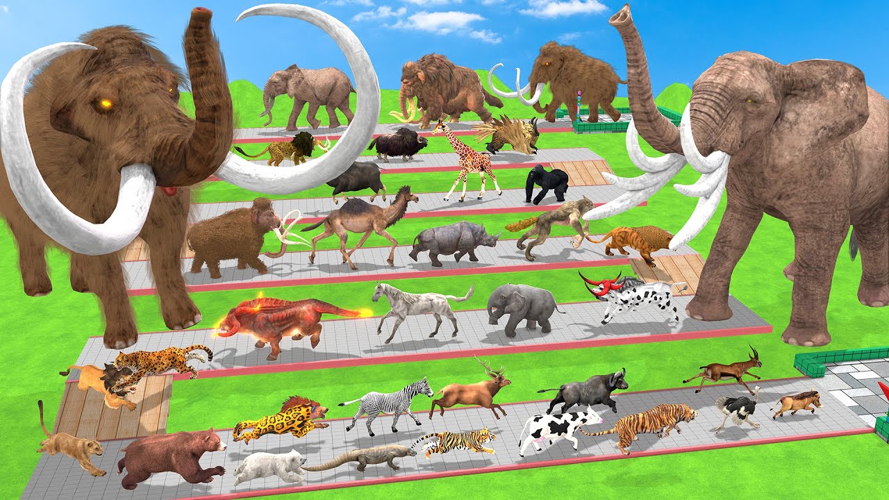 Animals vs. Mammoth Elephants vs. DinosaursSpeed Race. Zigzag Down Course! | Animal Revolt Battle