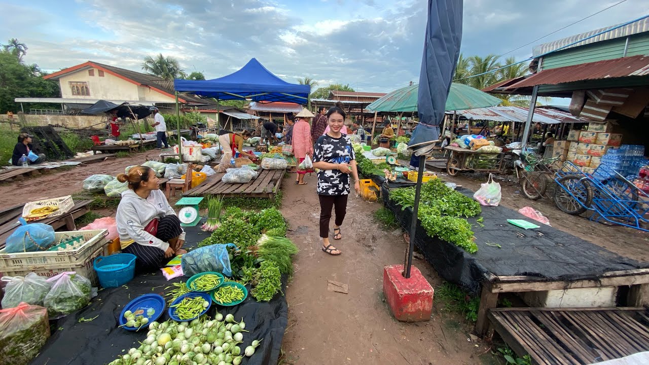 สาวลาวพาไปเดินตลาดเช้า #ตลาดโพนทอง  แขวงจำปาสัก หน่อไม้นางดินขาวๆอวบๆเป็นตาแซบ