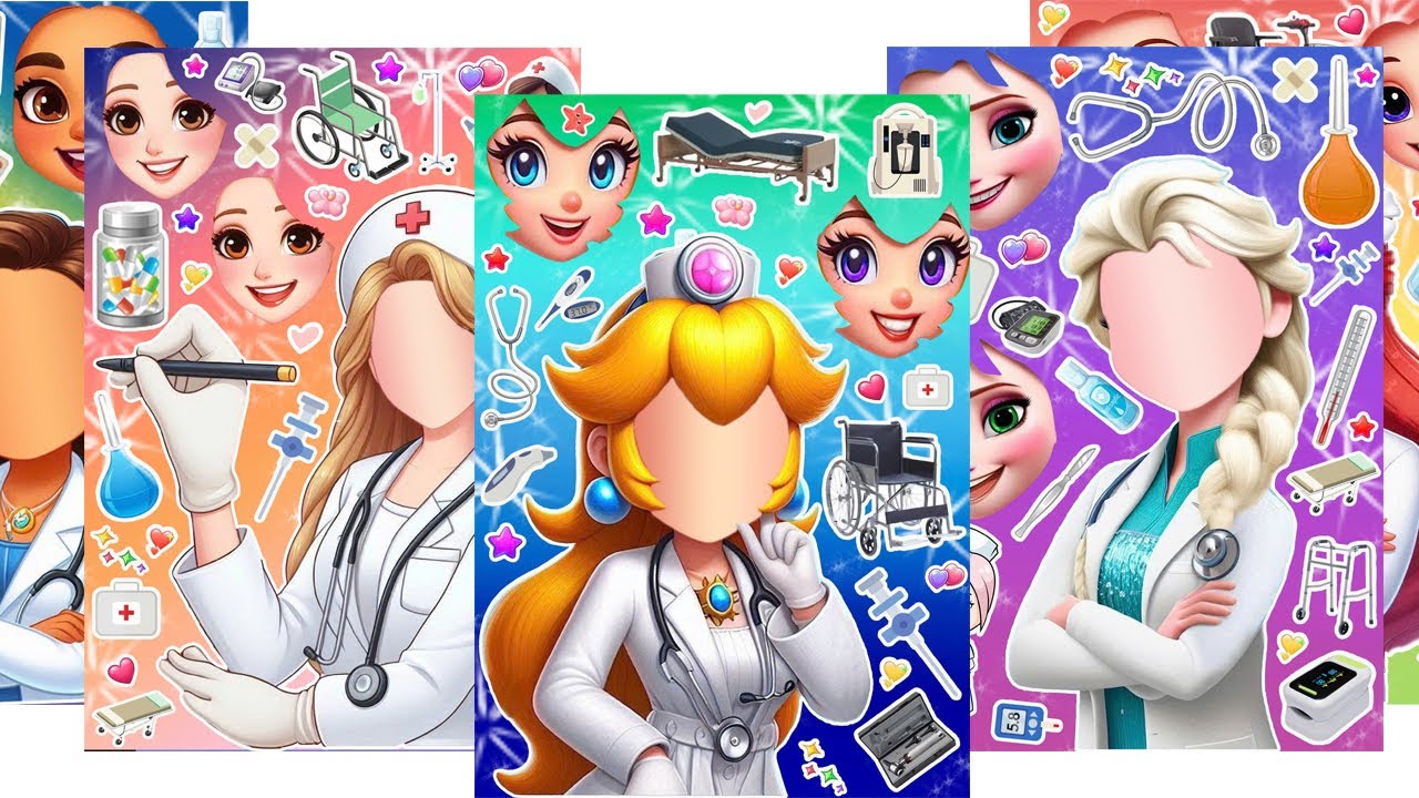ディズニープリンセス DIY Frozen Sticker Book Disney Princess Elsa Rapunzel Peach More in Doctor Fashion! #エルサ