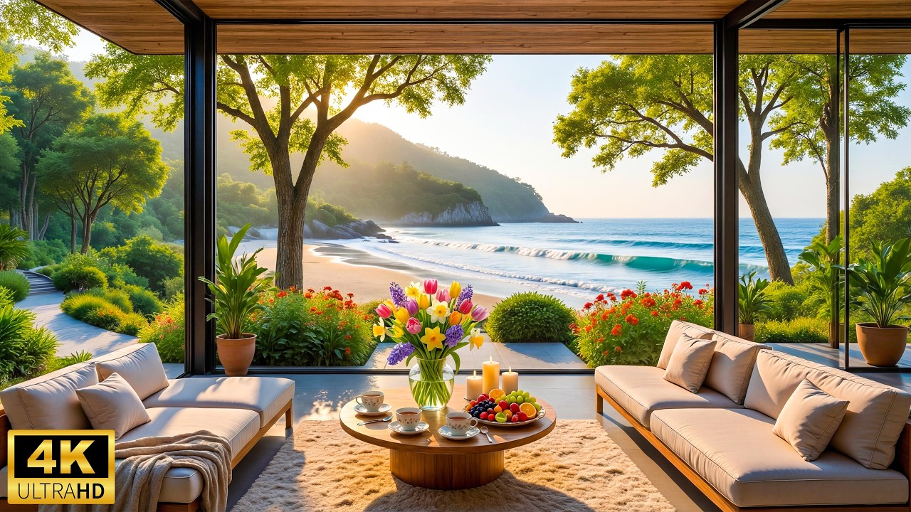 Tranquil Spring Beach Ambience 🌷 Relaxing Piano Music & Ocean Waves Sounds for Happy Moods