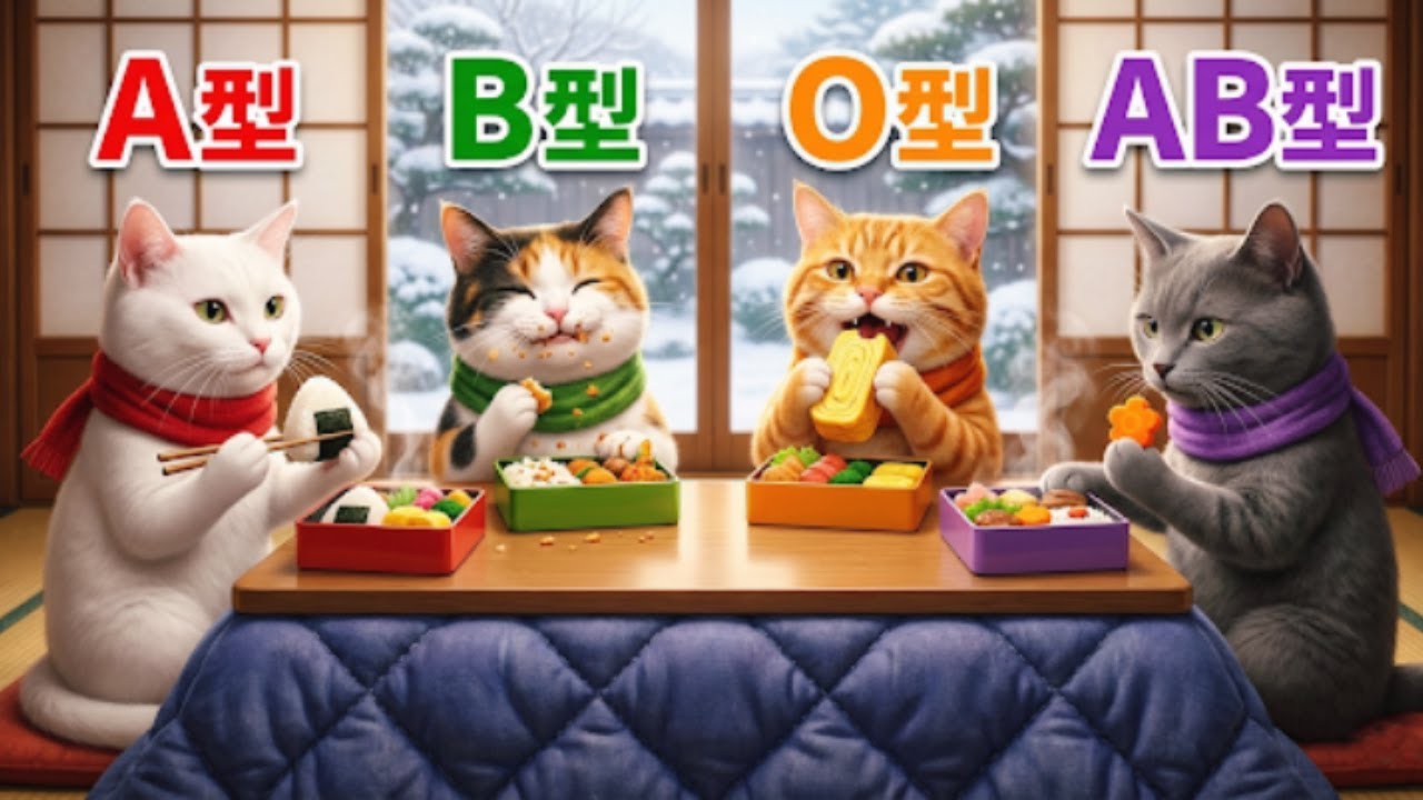 【血液型あるある】AI猫の冬の楽しみ！こたつでお弁当パーティー🍱🥢【四季ねこ】