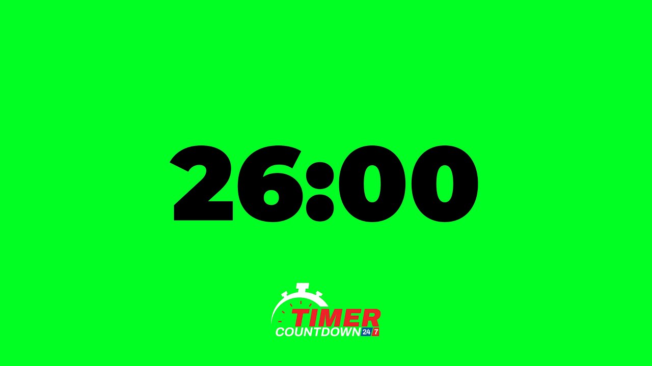 26-Minute Green Screen Timer | Black Text Countdown with Alarm