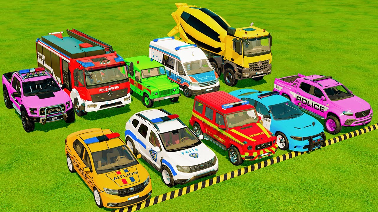 TRANSPORTING POLICE CARS, AMBULANCE & FIRE TRUCKS WITH COLORFUL TRUCKS | FS22