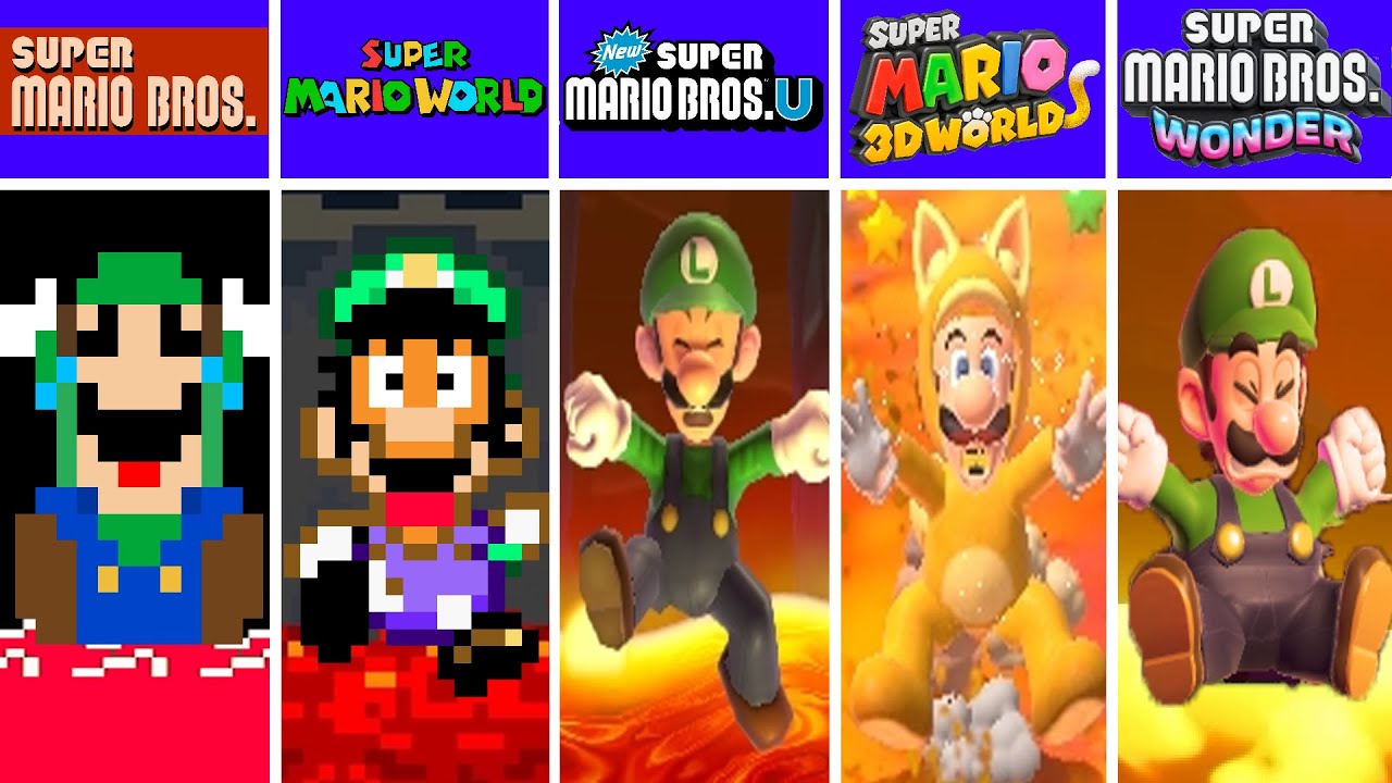 Evolution of Luigi Falling Lava, Game Over Screens Super Mario Games And Fan Mod Games (1985-2024)