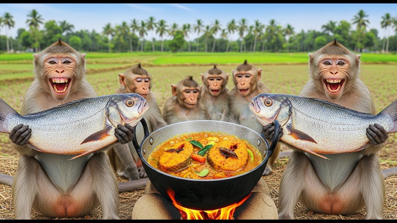 🐒 बंदरों ने हिलसा स्टाइल मछली की करी बनाई 😱🐒Monkeys Cooked Hilsa Style Fish Curry today