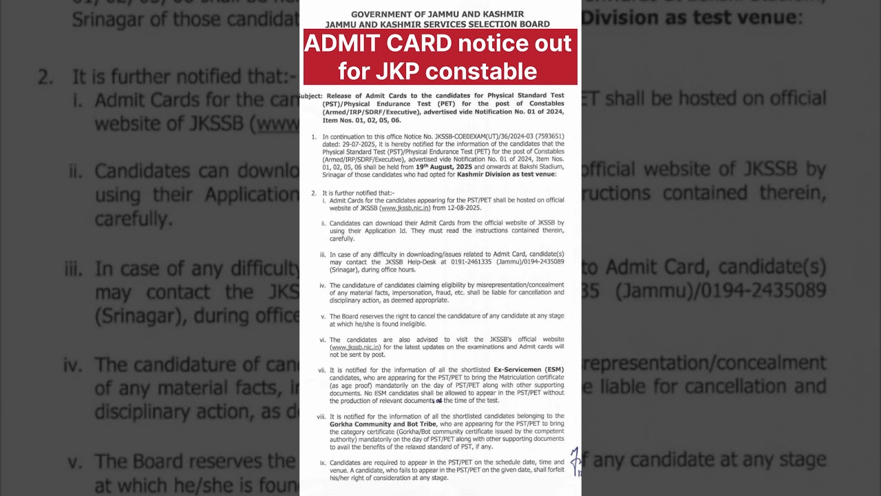 Admit Card Notice out for JKP Constable PET/PST  | #admitcard #jkpconstable #jkssb