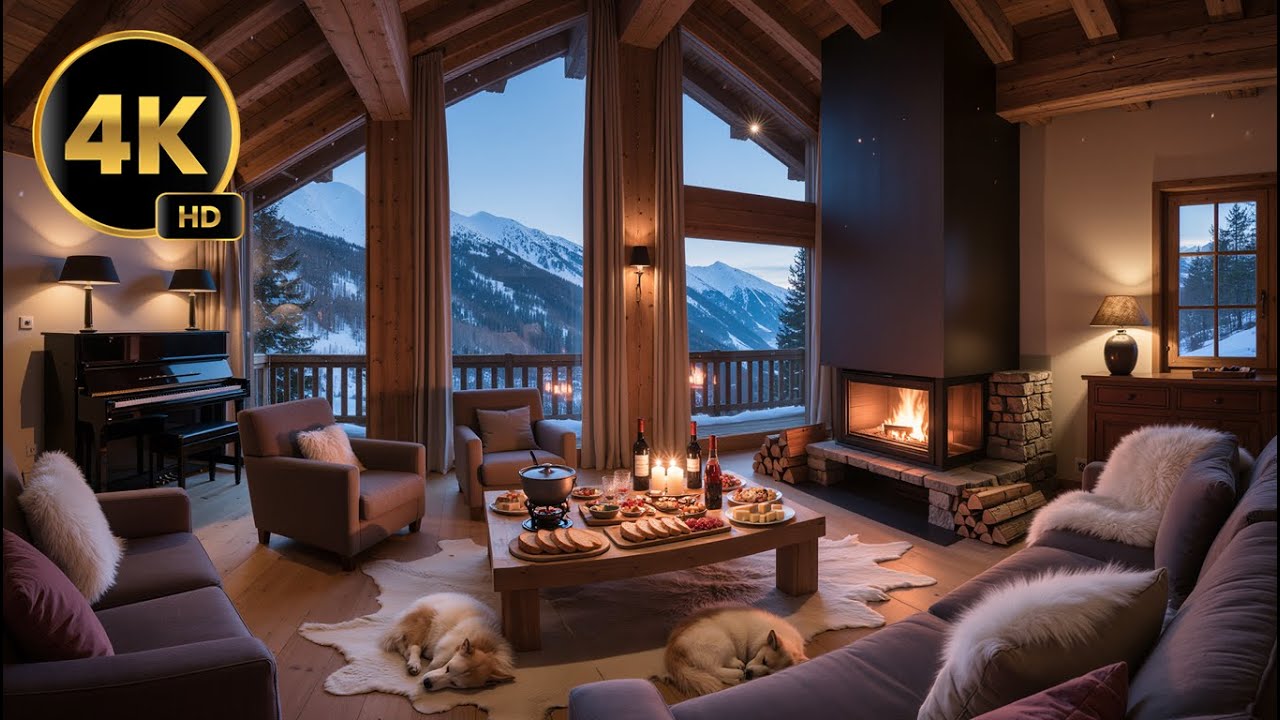 Quiet Piano Music for Dinner 🕯️ | Cozy Mountain Chalet Evening with Sleeping Dogs (4K)