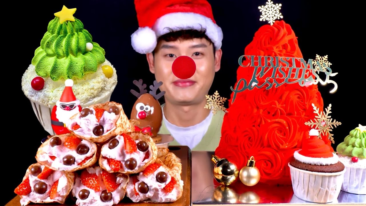 ASMR 크리스마스 장미케이크🌹산타할아버지&루돌프 산타트리 컵케이크 먹방! Christmas Dessert Rose Cake Strawberry Choco Crepe MuKBang