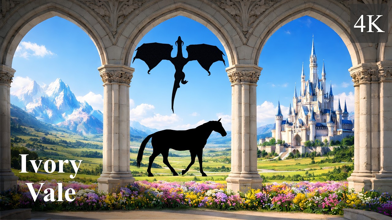 Ivory Vale Window Ambience for Relaxation, Study | 4K Peaceful Fantasy | White Dragon, Horses