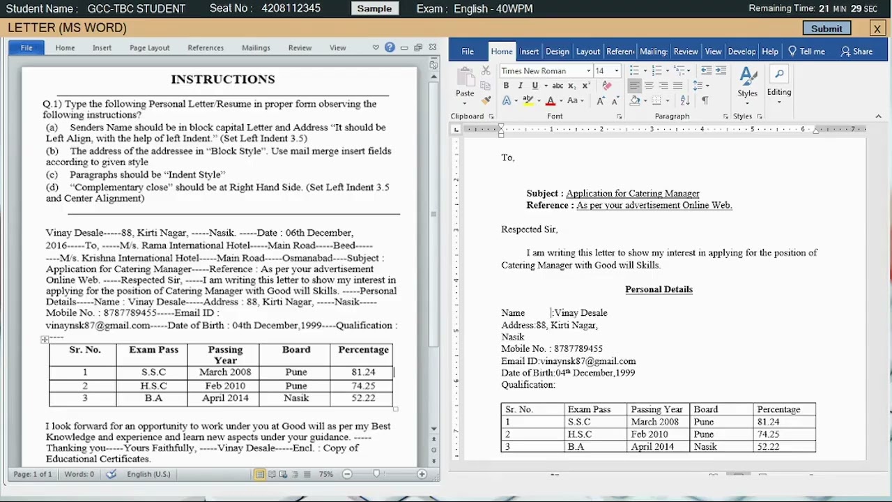GCC-TBC Eng. 40 Personal Letter Typing Formatting