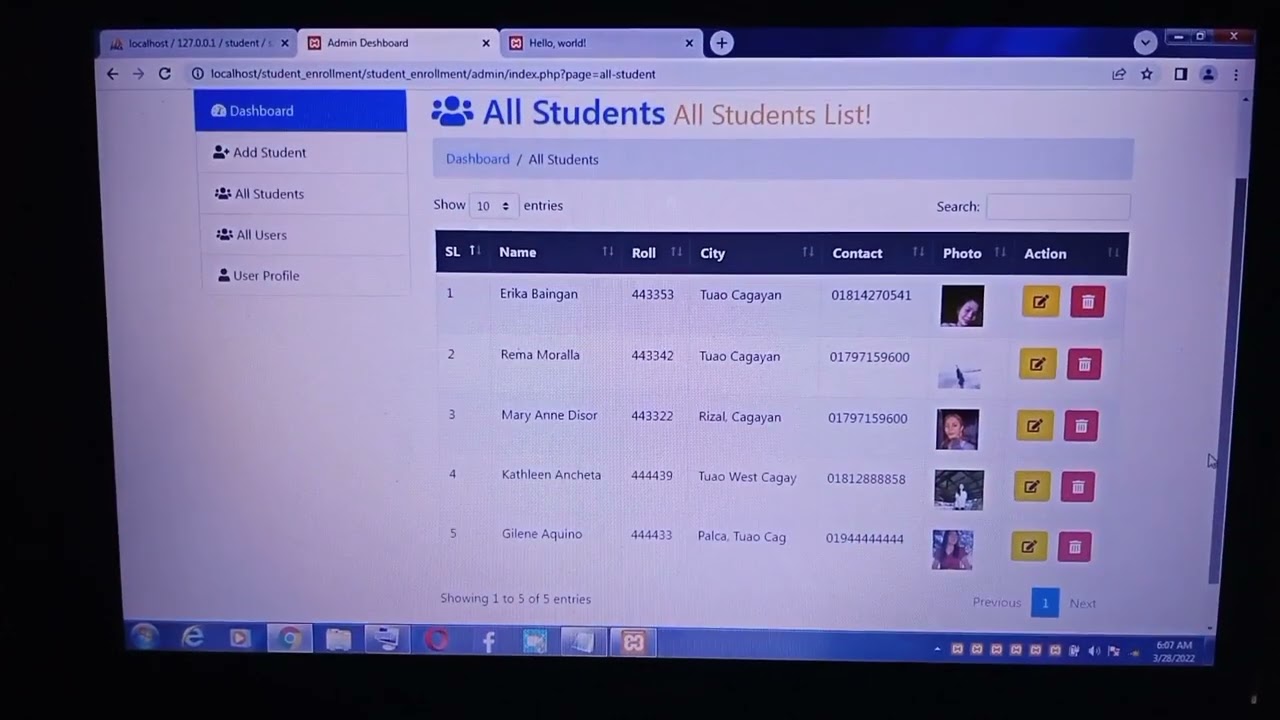 Creating a dynamic website entitled Online enrollment system