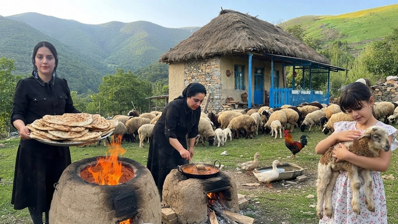 IRAN village life; Baking filled bread and distributing it among the villagers