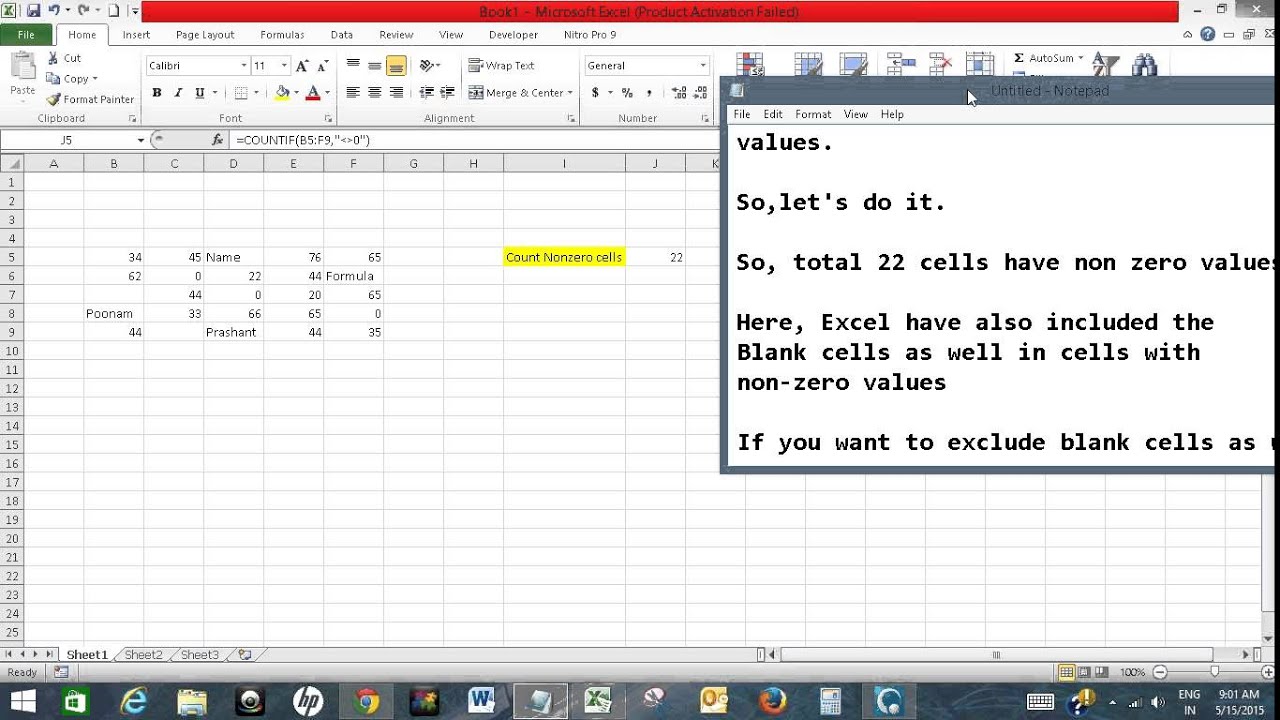 Count number of cells with non zero values in Excel