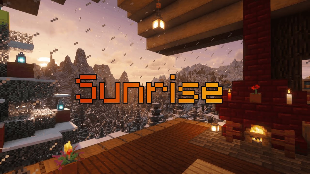 Sunrise in snowy mountains | Relaxing Minecraft ambience (fireplace and wind)