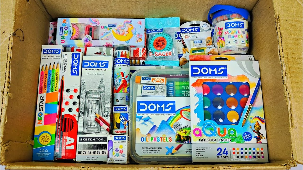 DOMS Stationary Collection♥️PencilBox, Geometry, Aqua Colors, Oil Pastels, Brush Pens, Sharpener etc