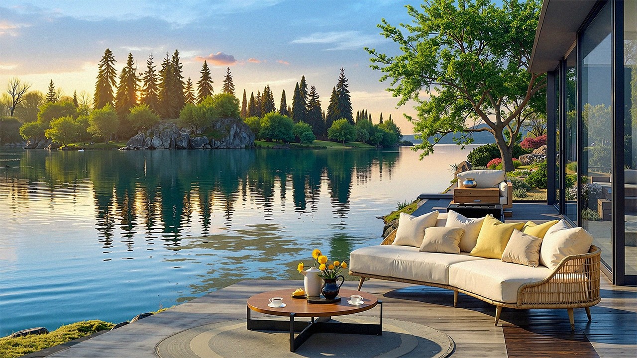 Cozy Lakeside Jazz Villa | Soft Jazz & Calm Water Reflections To Start Your Day