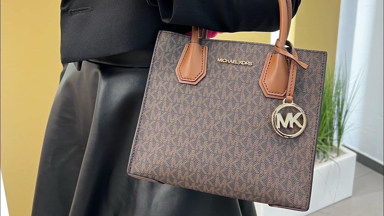 Распаковка сумки MICHAEL KORS Mercer Medium Logo And Leather Accordion Crossbody Bag (brown)