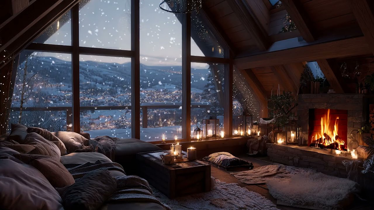 Winter Cabin Piano Night Atmosphere | Firelight Glow and Falling Snow