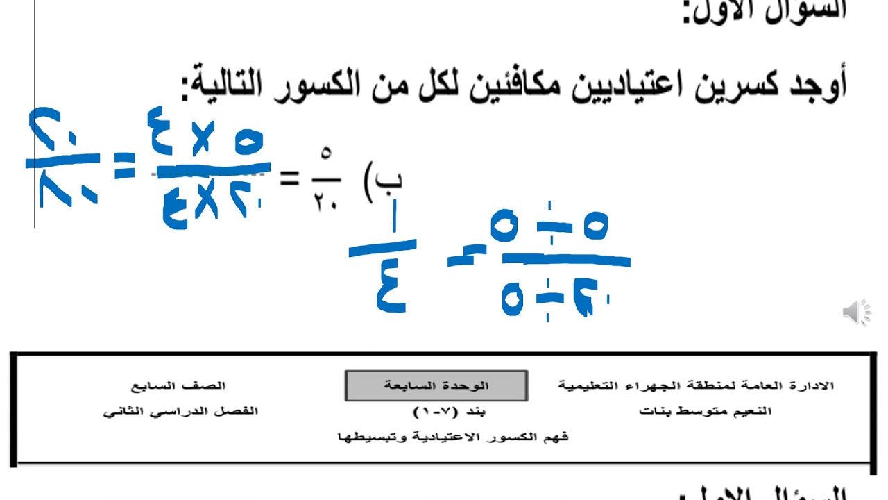 الصف السابع الوحدة السابعة بند ٧ ١ فهم الكسور الاعتياديه وتبسيطها