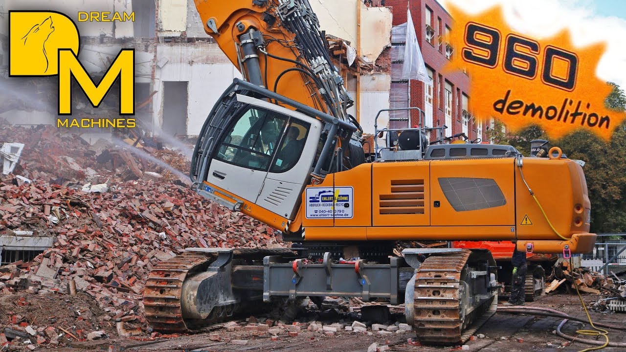 LIEBHERR R960 demolition LONGFRONT BAGGER SCHWERTRANSPORT + ABBRUCH BAUSTELLE