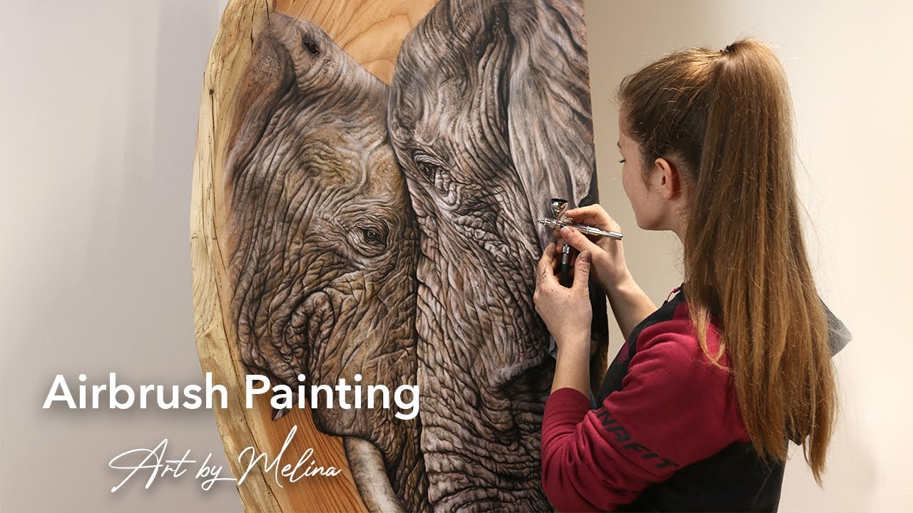Airbrush Painting - Elephants on wooden board