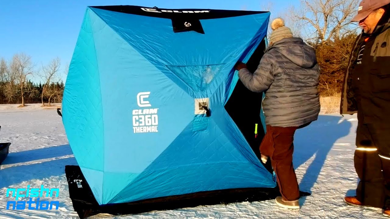 Clam C360 Thermal Ice Fishing Shelter Hub Initial Use & First Fish Caught !