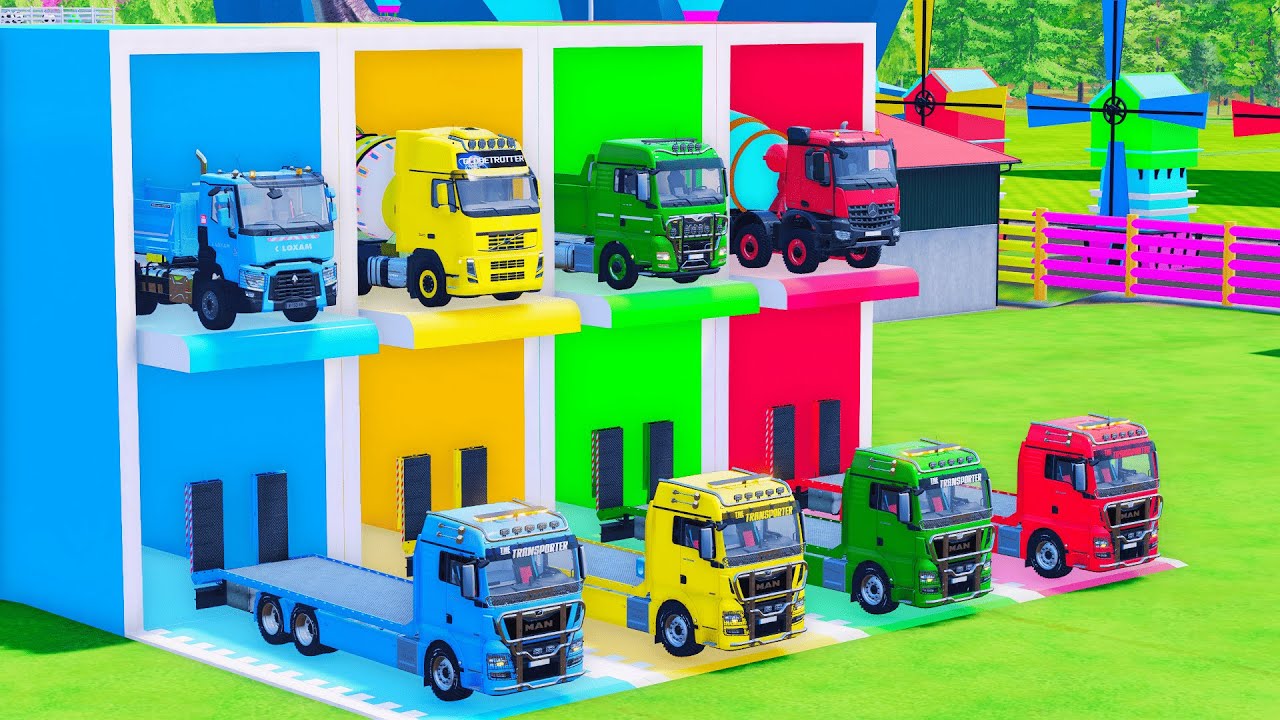 Garage with Colors - ALL MIXER TRUCK WITH DOUBLE FLATBED TRAILER TRUCK, KAMAZ, MAN, MACK FS22 #11
