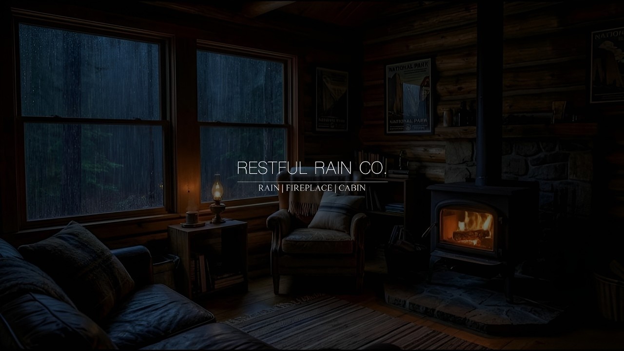 Warm Fireplace in a Mountain Cabin 🌧️ Rain Ambience for Sleeping