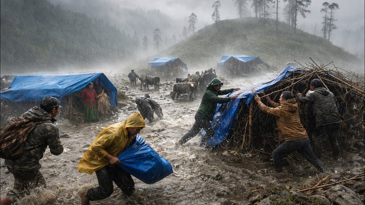 Himalayan Village Life in Rain || People are Running in Heavy Rainfall || Rural Village Nepal