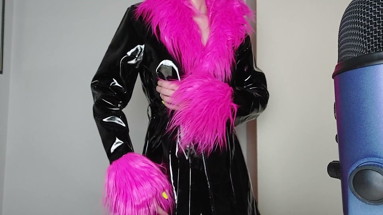 ASMR - Scratching and tapping on pvc vinyl latex fury coat - pink fur