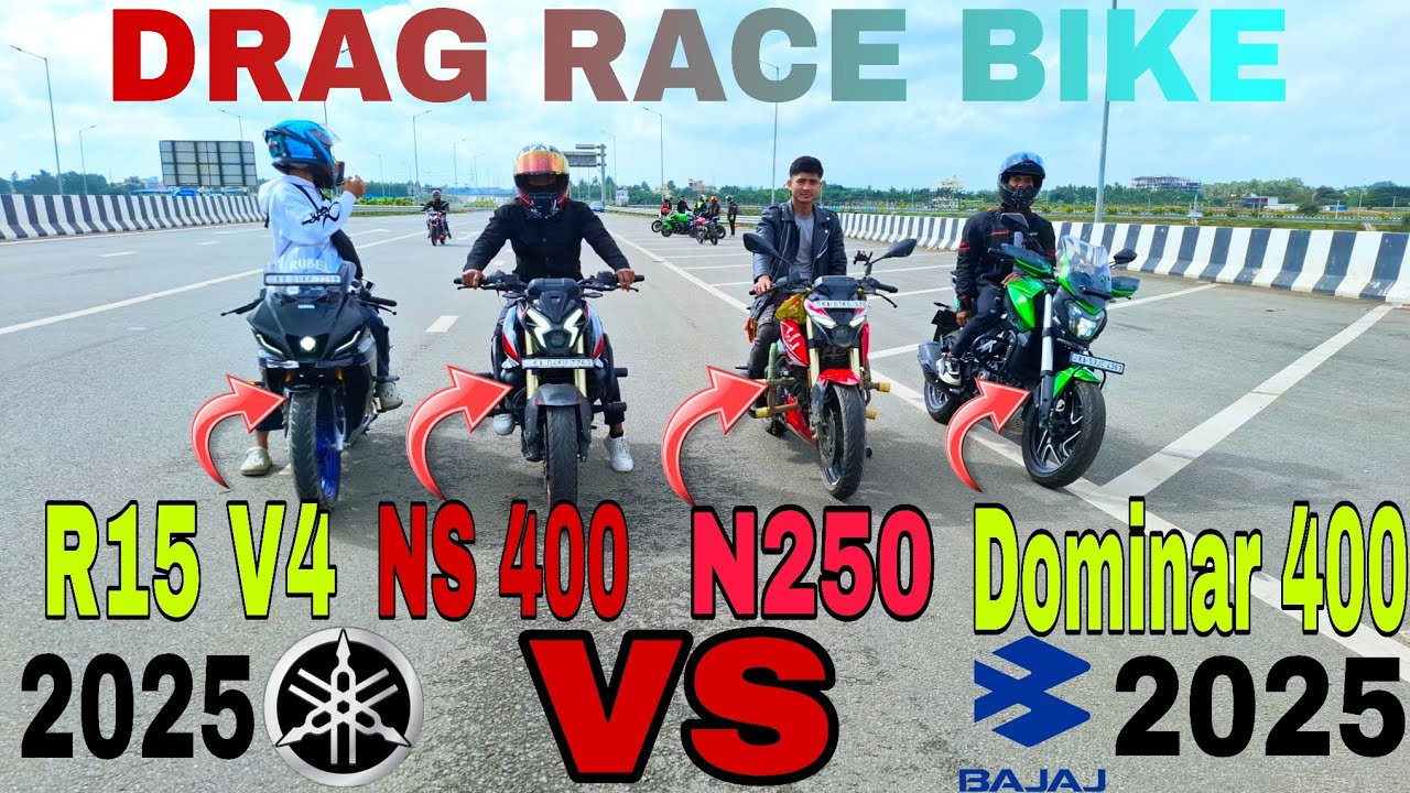 Yamaha R15 V4 vs Bajaj Pulsar NS 400 vs Bajaj Pulsar N250 vs Bajaj Pulsar NS 400 DRAG RACE BIKE
