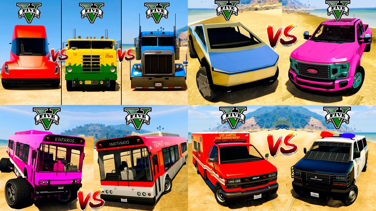Tesla Truck vs Monster Bus vs Police VAN vs Cybertruck vs Ambulance - GTA V Cars Mod