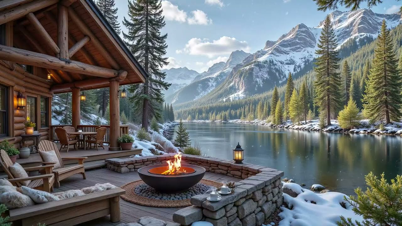 Winter Porch Campfire and River, Piano Ambience ❄️🔥 Warm Crackling Fireplace for Deep Sleep