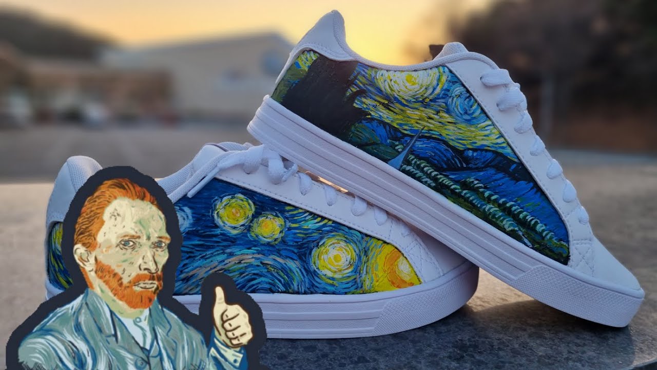 Painting Vincent Van Gogh Starry Night on shoes with Angelus Acrylic paint