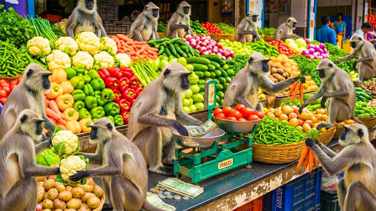 Many Monkeys Buying Vegetables Together in a Busy Market | Realistic Monkey Market Scene | 4K Ultra