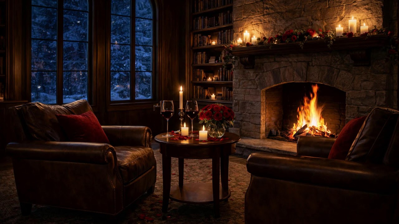 No Ads 🔥 - Midnight in the Library 🌹 Valentine Fireplace Glow & Candlelight Calm 🔥