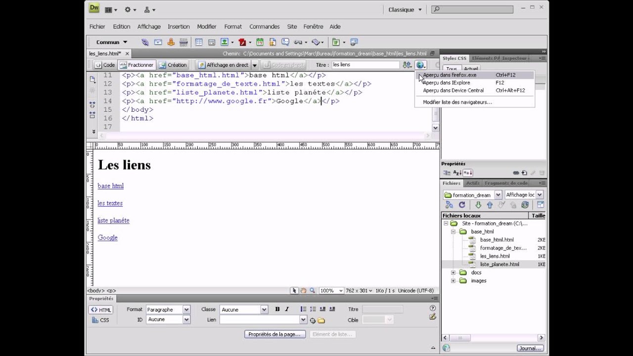 Formation Dreamweaver -7- Cr&eacute;ation de lien HTML, liens de de messagerie...