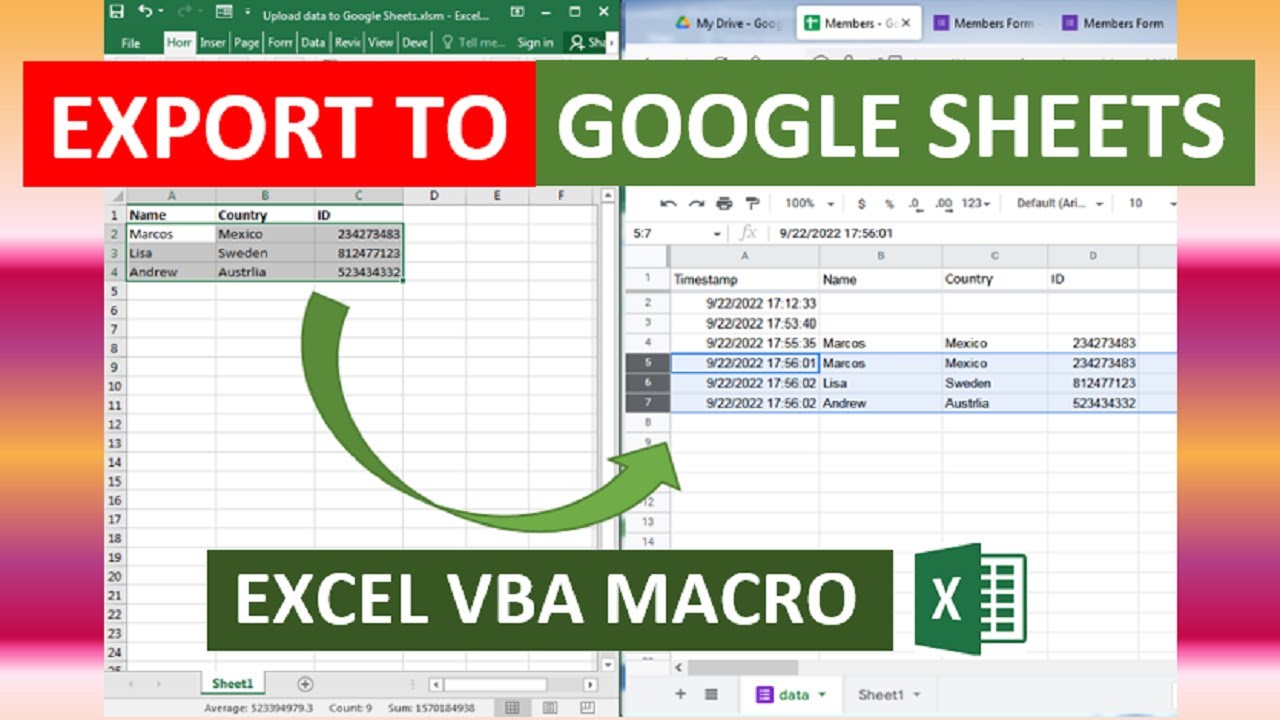 Загрузка/экспорт данных в Google Таблицы Excel VBA Макрос