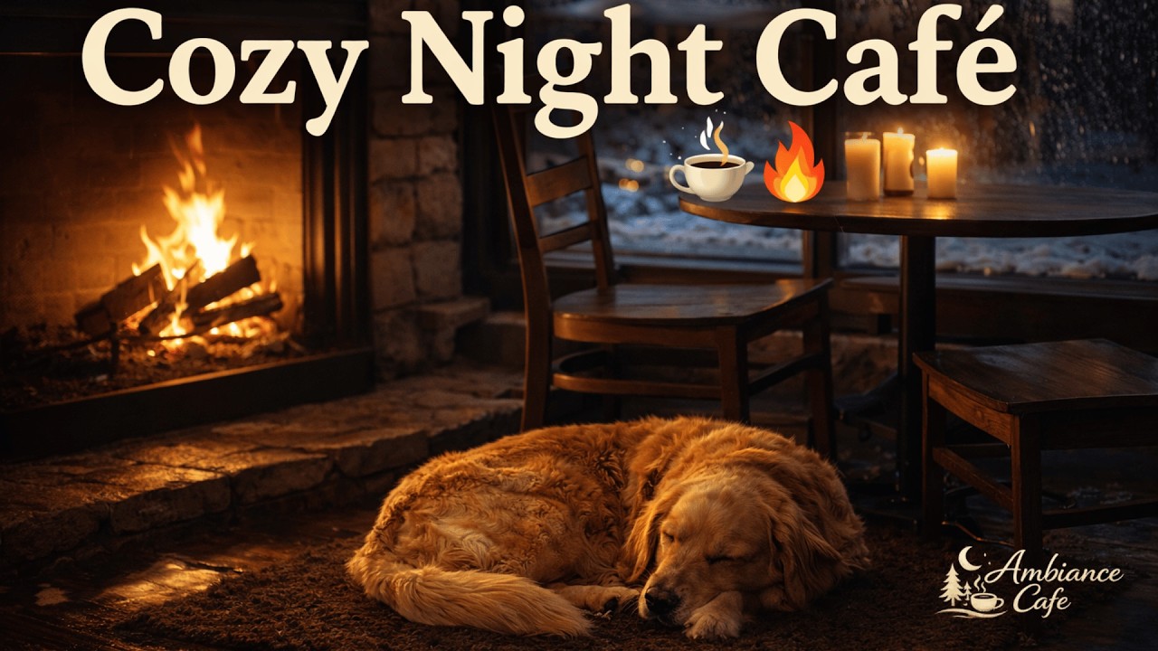 Cozy Fireplace Café Ambience ☕🔥 | Rainy Night, Sleeping Dog, Candlelight | Study • Relax • Sleep